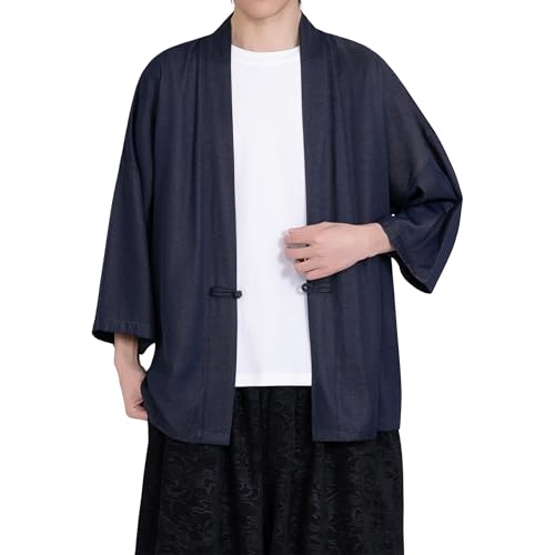 Image of PRIJOUHE Men's Kimono Jackets Cardigan Casual Cotton Blends Linen Seven Sleeve Open Front Embroidery Coat