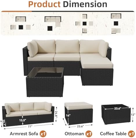 Aoxun Patio Furniture Set 5-Piece, Outdoor Sectional Sofas with Washable Cushion, Wicker Rattan Patio Conversation Sets for Backyard Porch and Poolside, Cream — view 6