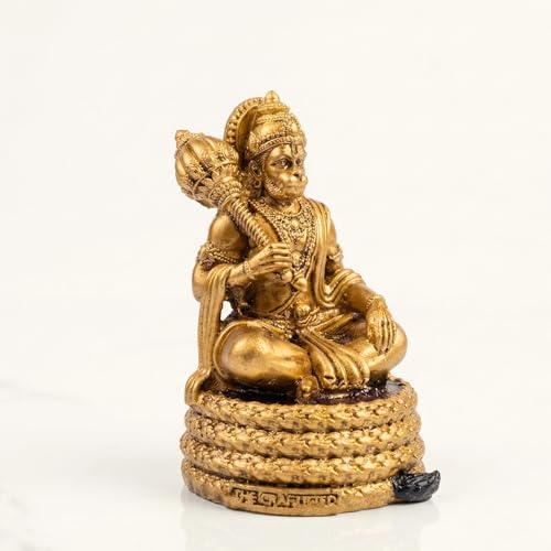 Image of Virajman Hanuman Ji Idol Sitting on Tail | Ravana Sabha Pose | Hanuman Murti for Car Dashboard, Home Temple & Office Decor, Housewarming, Vastu | 3.8 Inches | Antique Gold