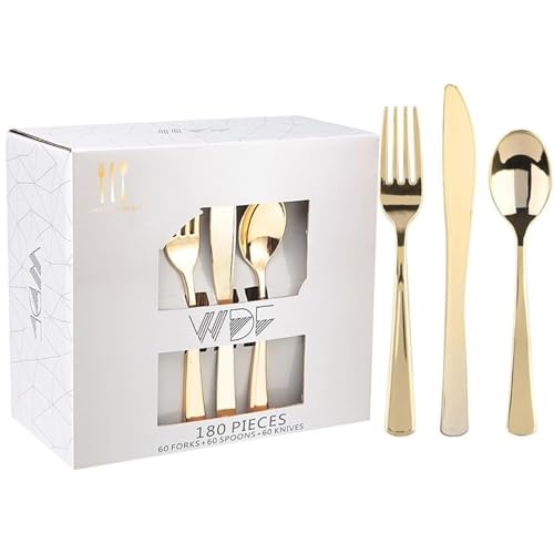 WDF 180 Count Gold Plastic Silverware Set - Heavy Duty Disposable Cutlery (60 Forks 60 Knives 60 Spoons) - BPA-Free Gold Flatware for Wedding Party Baby Shower Thanksgiving