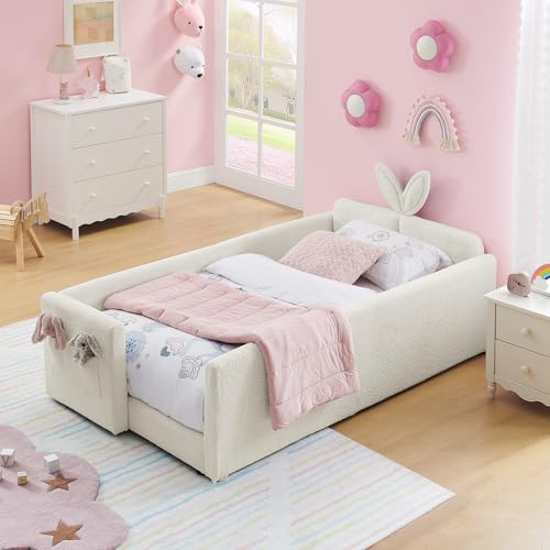Image of KEIKI Twin Size Upholstered Platform Bed Frame with Guardrail, Slats, Beige | Boucle Platform Bed with Cute Rabbit Ear Shaped Headboard, Pocket, for Boys and Girls, No Box Spring Required, Easy Assembly