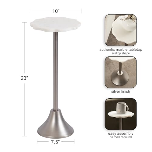 Kate and Laurel Sanzo Modern Pedestal Drink Table, 10 x 10 x 23, White Marble and Silver, Decorative End Table with Scalloped Marble Tabletop for Use as Small Plant Stand or Cute Martini Table by Kate and Laurel - Image 2