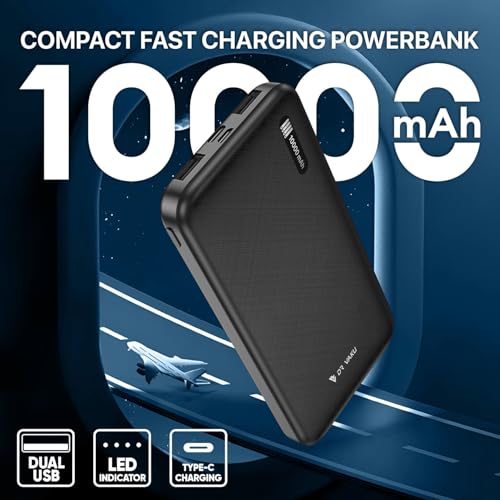 Image of 10000mAh Power Bank Portable Slim Design with Dual USB Output Type-C Micro (Input & Output) Lithium Polymer Battery Compatible with iPhone, Samsung, OnePlus & All Smartphones- Black