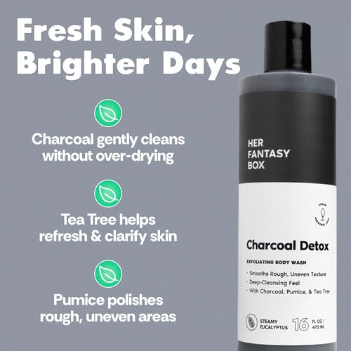 Image of Her Fantasy Box | Charcoal Detox Exfoliating Body Wash - Activated Charcoal & Pumice Deep Cleanser with Tea Tree & Eucalyptus, Refreshing Exfoliation for Smoother Skin, Vegan & pH Balanced (8 oz)