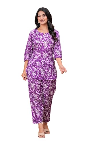 Image of MEERA FAB Women Printed V-Neck Pure Cotton Tunic with Trousers Co-Ords Set