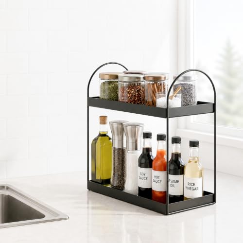 Image of WonderStand Metal ROVA | 2-Tier Standing Spice Rack Storage Organizer, Bathroom Countertop Storage Shelf Cosmetic Organizer and Home /Kitchen Spice Rack (Black)