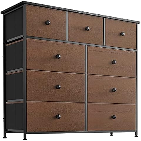 REAHOME 9 Drawer Steel Frame Bedroom Storage Organizer Chest Dresser with Waterproof Top, Adjustable Feet, and Wall Safety Attachment, Espresso Cover