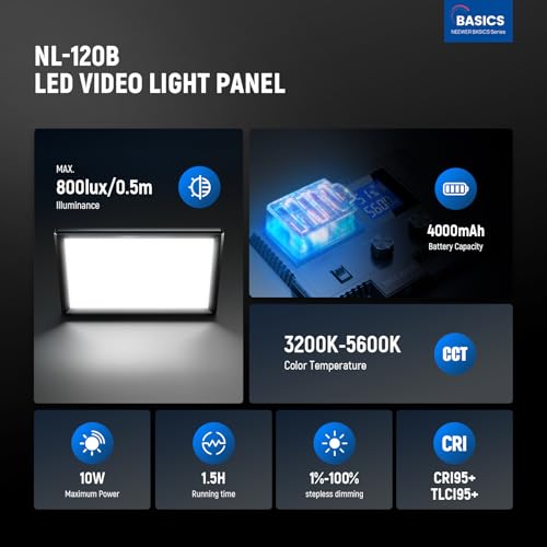 Image of NEEWER Basics 9 inch LED Video Light Panel, 3200-5600K Edge Lit Dimmable Camera Soft Key Lighting, CRI95+ 800Lux 4000mAh Rechargeable for Video Recording Streaming Selfie Vlog Studio Photography, NL-120B