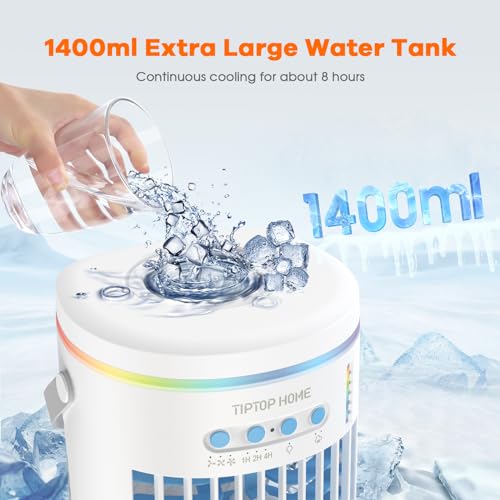 Portable Air Conditioner, 5 in 1 Air Cooler Mini Air Conditioner Fan with Spray & Colorful Night Light, Portable Air Cooler for Home, Office, Travel, Adjustable Wind Speed Spray Mode, 1400ML - Image 5