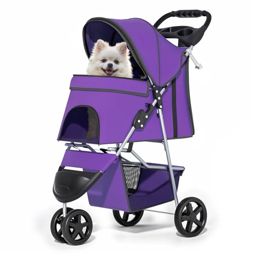 Image of MoNiBloom 3 Wheels Pet Dog Cat Stroller for Small Medium Dogs Cats, Lightweight Foldable Jogger Stroller w /Storage Basket and Cup Holder, Purple