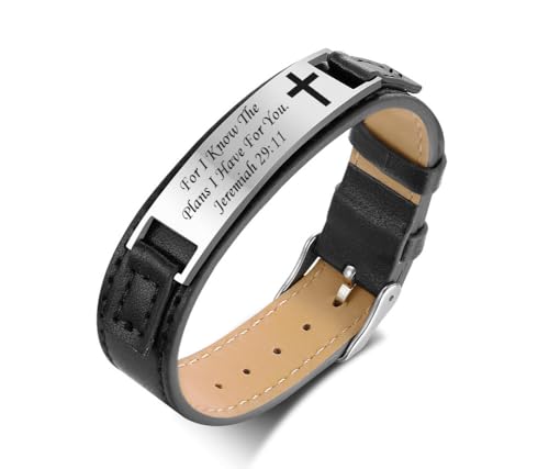 Bible Adjustable Bracelet Inspirational Powerful Black Leather Cuff Wrap Wristband Men's Religious Quote Faith Cross Jeremiah 29:11 Verses Bangle, 5.9" To 7.68"