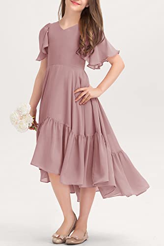 Girls Ruffle Dresses Casual A Line V Neck Short Sleeve Flowy High Low Long Maxi Junior Bridesmaid Party Dress Pink #TOP1