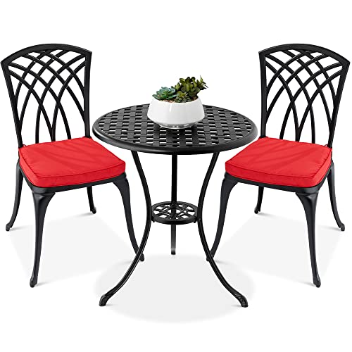 Best Choice Products 3-Piece Bistro Set, Aluminum Outdoor Dining Furniture Set for Patio, Porch, Backyard w/Umbrella Hole, 2 Chairs, 2 Cushions, Polyester Fabric – Black/Red