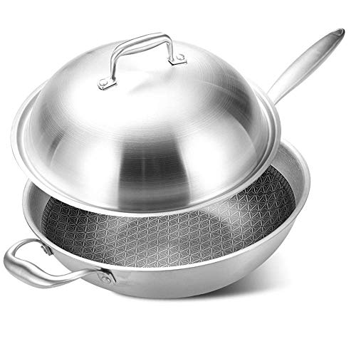 OWOHYG Wok De Acero Inoxidable Antiadherente De 32 Cm con Tapa De Acero Inoxidable De Vidrio Que Se Adapta A Todas Las Placas De Cocción, Incluidos Los Mangos De Inducción Stay Cool C, C