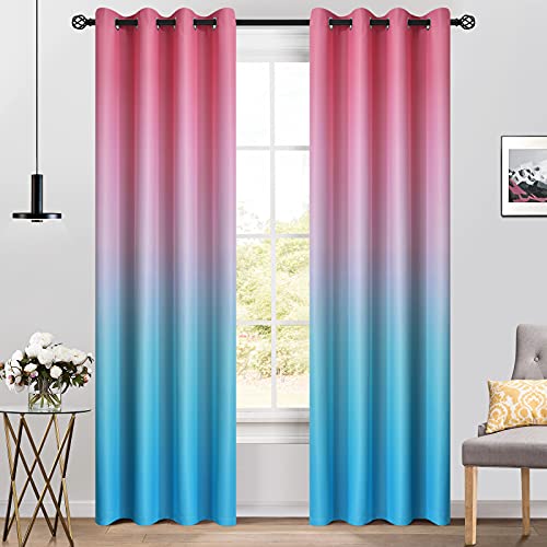 Yakamok Blackout Grommet Ombre Room Darkening Curtains for Living Room, Pink and Blue Gradient Drapes,Thickening Polyester Thermal Insulated Window Curtains for Kids Bedroom, 2 Panels, 52x96 Inches