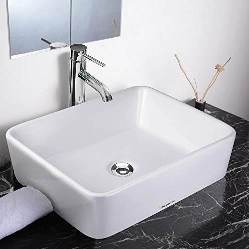 Aquaterior Rectangle White Porcelain Ceramic Bathroom Vessel Sink Bowl Basin with Chrome Drain 19-2/7\"x15\"x5-1/8\" - Thumbnail 2