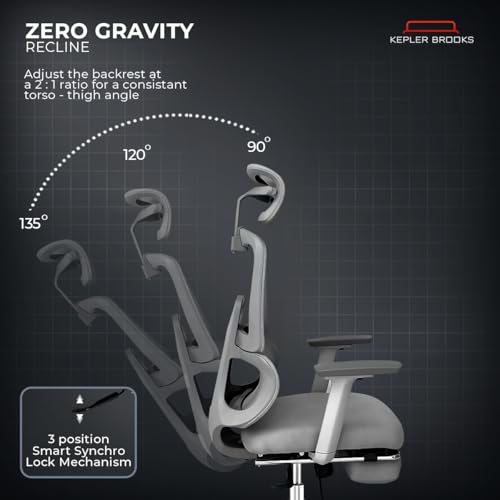 Image of Kepler Brooks Imperia Pro Premium Office Chair for Work | 3-Yr Warranty | Ergonomic Office Chair, Study Chair, 2D Headrest, 3D Arms, Multi Lock Seat Slider with Legrest, Heavy Duty Metal Base (Grey)