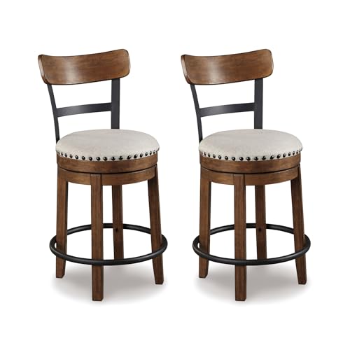 Signature Design by Ashley Valebeck Swivel Barstool With Back, Rustic-Industrial Wood and Metal...