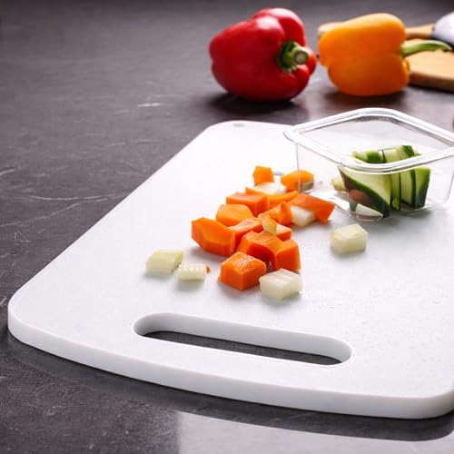 Image of SNKM - Chopping Cutting Board Plastic | with Handle | for Vegetables, Fruits, Meat, Fish, Cheese & Bread | Premium Food Grade, 100% BPA-Free, Dishwasher Safe | Medium, White, Set of 1