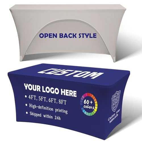 Unite Stone Custom Stretch Spandex Table Cloth with Logo Text Image 4FT 5FT 6 FT 8FT Personalized Table Cloth for Tradeshow Events School Shop Government Other Events (4FT Open Back)