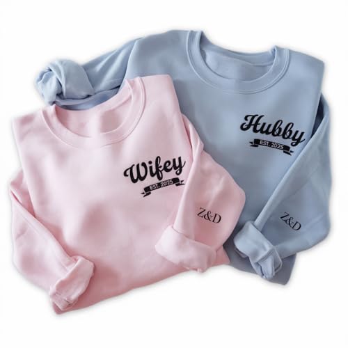 Custom Wifey & Hubby Embroidered Sweatshirt, Newlywed Honeymoon Outfit, Personalized Matching Couple Hoodie, Name On Sleeve, Engagement Clothings, Wedding Party Gift, Bride Groom Gift White