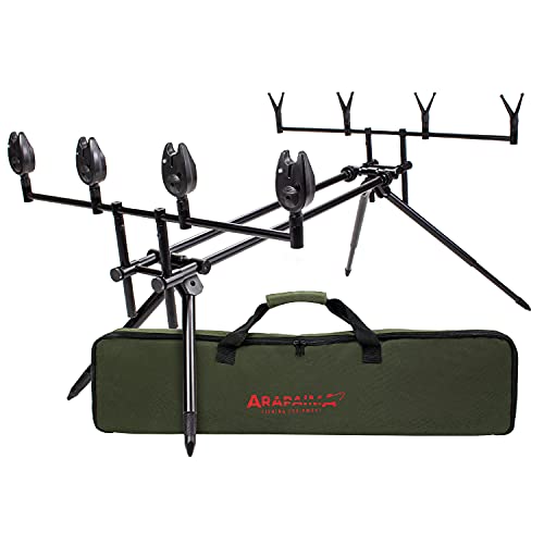 ARAPAIMA FISHING EQUIPMENT Rod Pod Set Riverbank | Angeln Rutenhalter | Aluminium Rutenauflage für 4 Angelruten | Tragetasche | V-Auflagen | Bissanzeiger - Schwarz Cover