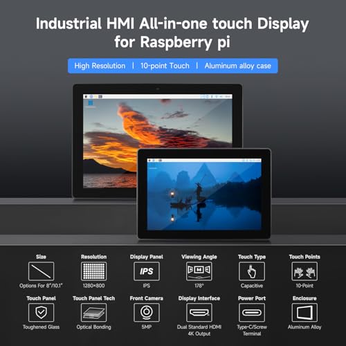 Image of waveshare Industrial HMI All-in-one 10.1inch Touch Display, Compatible with Raspberry Pi 5 (Included), Supports Dual 4K HDMI Output, 10-Point Touch, Aluminum Alloy Case, Efficient Heat Dissipation