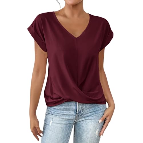 Womens Summer T Shirts Cap Sleeve V Neck Tops Dressy Casual Cute Loose Fit Basic Tees Fashion Outfits Elegant Blouses Wine Red