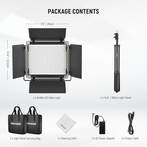 NEEWER 2 Pack Bi Color 660 LED Video Light Kit with Two 79" Tripod Stand, 3200K-5600K CRI 96+ Dimmable Panel Lighting with U Bracket and Barndoor for Studio Photography Recording Streaming, Black