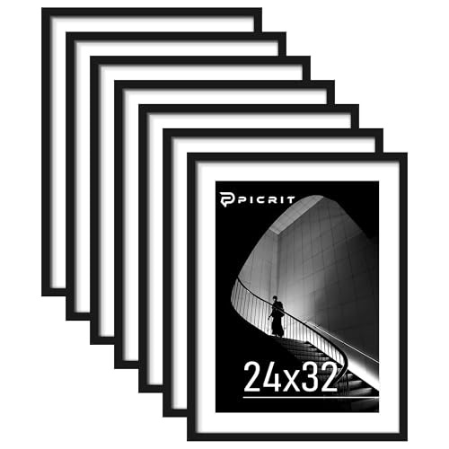 Picrit 24x32 Black Poster Frame 7 Pack, Display Pictures 20 x 28 Picture with Mat or 24 x 32 without Mat for Horizontal or Vertical Wall Mounting, Wall Gallery Photo Frames