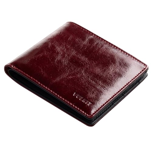 VULKIT Bifold Wallet Genuine Leather For Men Slim Minimalist Front Pocket RFID Blocking Card Wallet Wine
