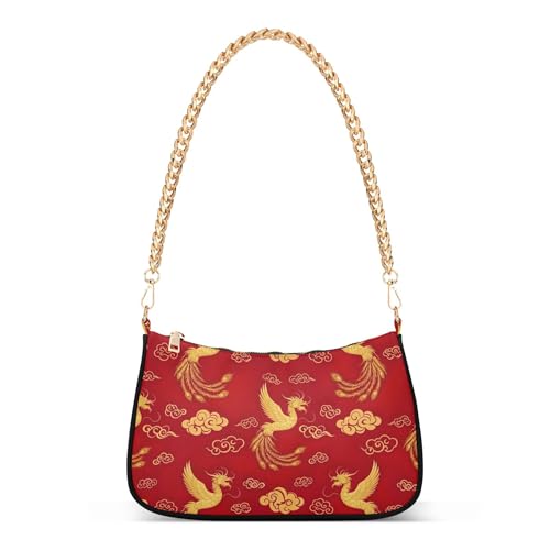 Gold Birds Swirl Cloud Red Floral Shoulder Bag for Women Hobo Totes Purse Bags Chain Strap Zipper Phone Purse Cute