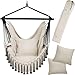Produktbild tectake® Hängesessel Outdoor wetterfest oder Indoor mit Tabletfach und Getränkehalterung, Makramee Schaukel für Balkon, Hängestuhl Garten, Hängeschaukel belastbar bis 150 kg - beige