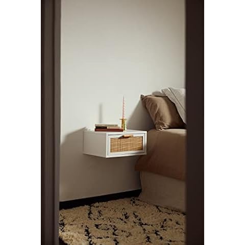 Alguer Living- Diana - Mesita De Noche Blanca De Madera con Cajón Ratán Natural Cover