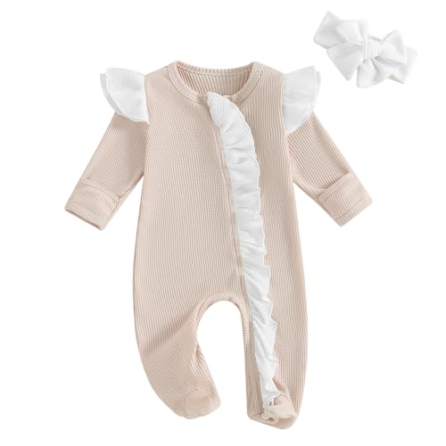 Image of Blotona Newborn Baby Girl Clothes Infant Footies Romper Ruffle Long Sleeve Zipper Jumpsuit Waffle Knit Coming Home Outfit