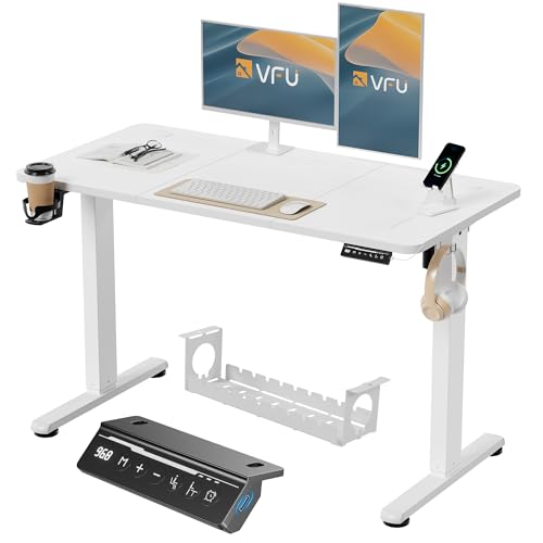 VFU Höhenverstellbarer Schreibtisch 120 x 60 cm mit USB-C Ladeanschluss, Schreibtisch Höhenverstellbar Elektrisch mit Memory Funktion, Steh-Sitz Tisch, Computertisch für Büro, Standing Desk, Weiß