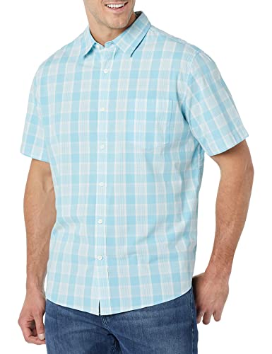 Amazon Essentials Men's Short Sleeve Dress Shirt with Stretch, Charcoal White Vertical Stripe (Available in Big & Tall), Light Blue White Medium Plaid, Large