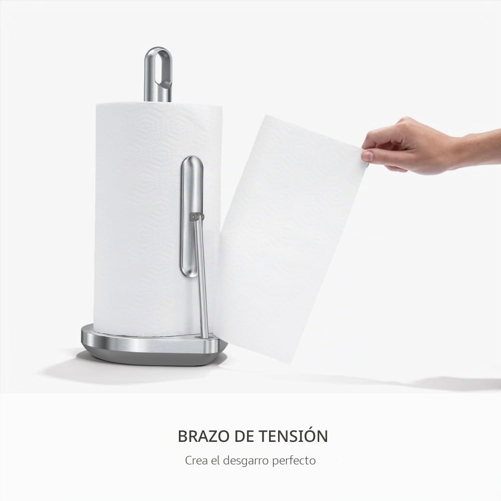 simplehuman Soporte para Rollo de Cocina con Brazo de tensión, de pie, fácil de rasgar, Base Pesada Resistente (se Adapta a Rollos de Cocina de 23 a 28 cm), Acero Inoxidable Cepillado, KT1203