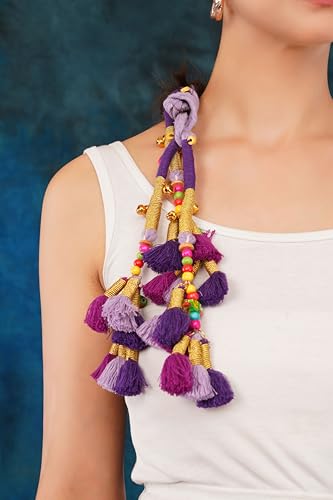 Image of Zippy Flora Handmade Kalee Boho Cotton Parandi | Traditional Hair Accessory with Tassles & Ghoonghru | Hair Extension|Choti |Women's Patiala Shahi Paranda | Kalee Parandi (Purple) | 22 Inches Length