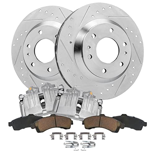 Image of Detroit Axle - Front Brake Kit for Chevrolet Trailblazer Envoy Rainier | Ascender Bravada Drilled & Slotted Brake Rotors Brake Pads Brake Calipers Replacement 12.01 inch inch Rotor