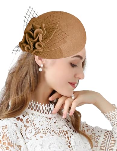 Oridoor British Style Pillbox Hat Women Church Wedding Winter Vintage Fascinator Beret 100% Wool Felt Hat With Veil 13A Khaki cover