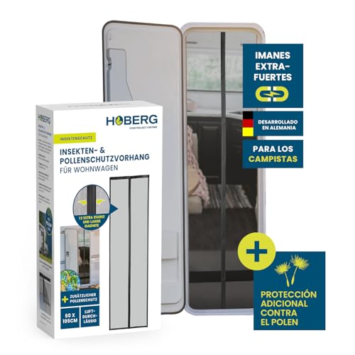 HOBERG Cortina mosquitera insectos y polen para caravanas | Puerta mosquitera con bandas magnéticas XXL | Mosquitera insectos para caravanas | Mosquitera polen 60 x 195 cm, autocierre