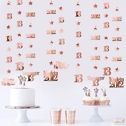 Image of 12PCS Rose Gold 13th Birthday Decorations Number 13 and 2012 Star Garland Streamer Banner Backdrop for Girls Cheers to 13 Years Birthday Vintage Made in 2012 Official Teenager Party Decor Supplies