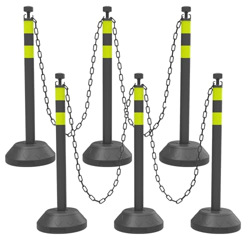 ZincOrange Lot de 6 Poteaux de Guidage 102 cm, Balises de Circulation avec Chaînes en Plastique et Base Remplissable d’Eau pour Parking, Files d’Attente...