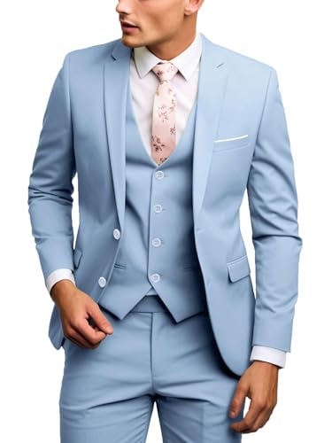 UNINUKOO Men Suits Slim Fit Dress 3 Piece 2 Button Wedding Formal Business Tuxedo Suit Jacket Pants Vest Set US Size M Light Blue