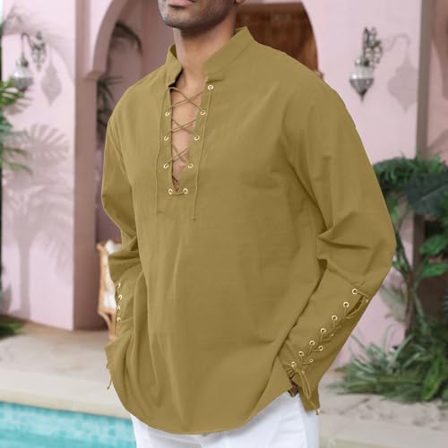 Image of CTU Men's Cotton Shirt Pirate Shirt Medieval Viking Renaissance Costume | V-Neck,Drawstring Collar,Linen Tunic,Ren Faire,Plus Size,Goth,Big and Tall,Halloween