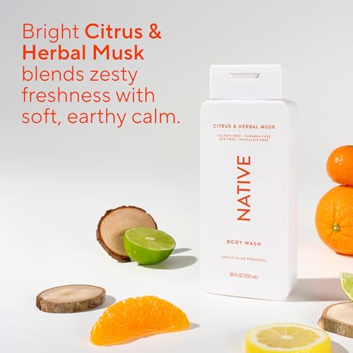 Image of Native Clean Body Wash, Gentle & pH-balanced for Sensitive Skin, 24-Hr Freshness for Men & Women, Vegan & Cruelty-Free, Free of Sulfates & Parabens, Citrus & Herbal Musk, 18 fl oz