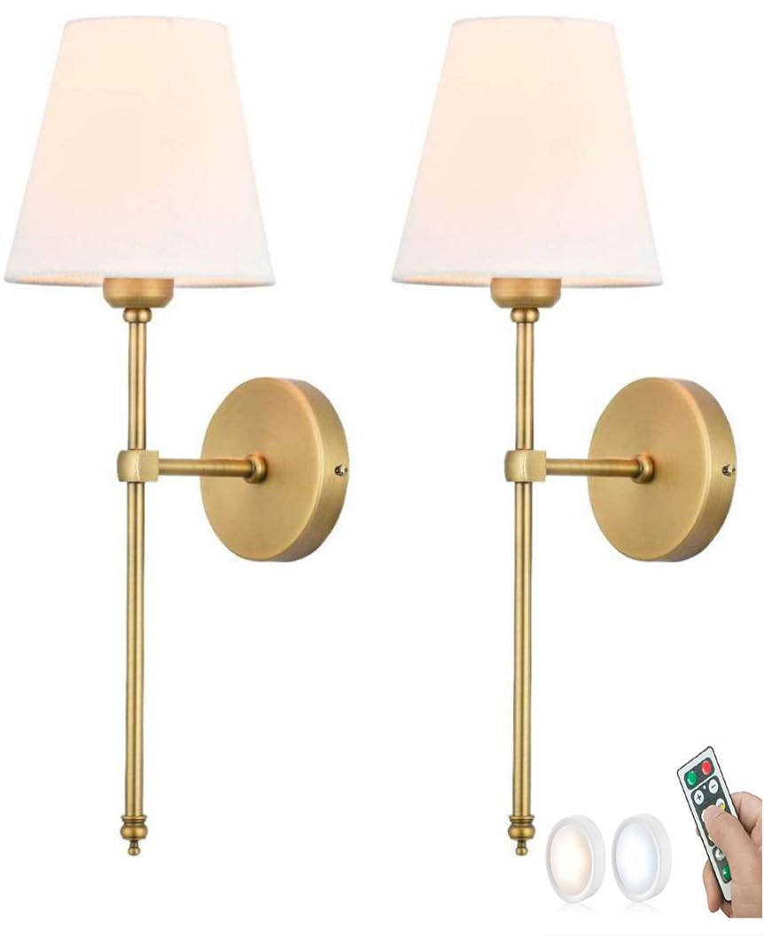 2 PCS Farmhouse Battery Operated Wall Sconces Set of Two Black Remote Wireless Wall Light Vintage Long Arm White Fabric Candle Gold Wall Mounted Lamp for Bedroom Bedside Living Room