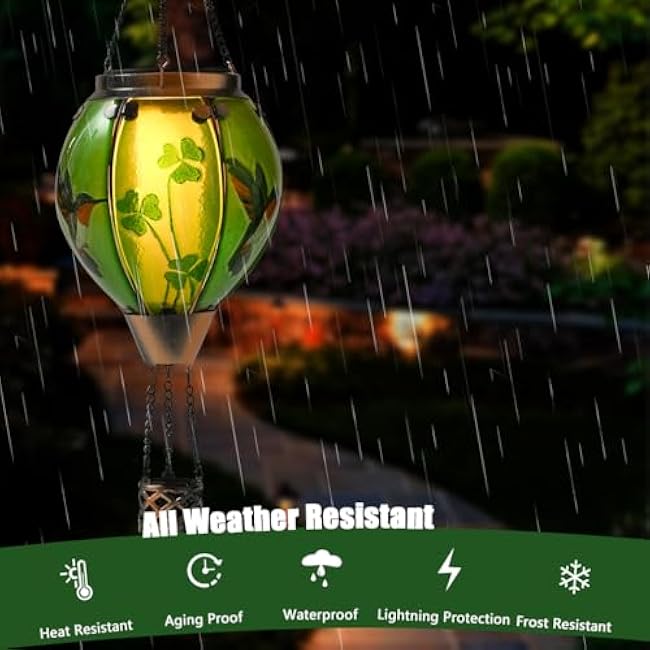 St Patricks Hot Air Balloon Solar Lantern - Patrick's Shamrock Glass Lantern, Simulated Flickering & Dancing Flame, Outdoor Hummingbird Hanging Yard Light for Patio Porch Decor Irish Clover Gift