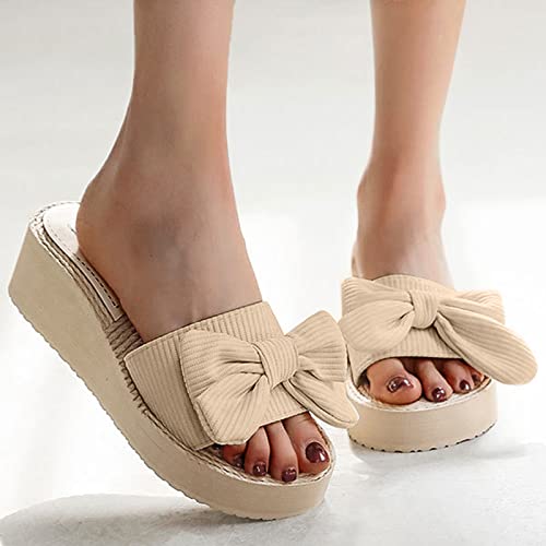 Spring Casual Sandals Summer Fashion and Beach Wedge Bow Slippers Women's Slipper Slippers for Women Indoor and Outdoor (Beige, 8)2